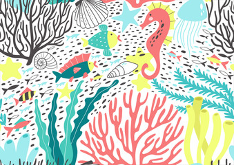 Seamless pattern with seaweed, corals and underwater animals. Vector