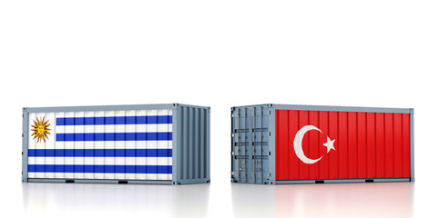 Freight container with Uruguay and Turkey flag. 3D Rendering