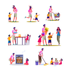 Set of young father doing various housework. Flat vector illustrations of father playing with kids, cleaning, cooking, shopping. Daily routine concept for banner, website design or landing web page
