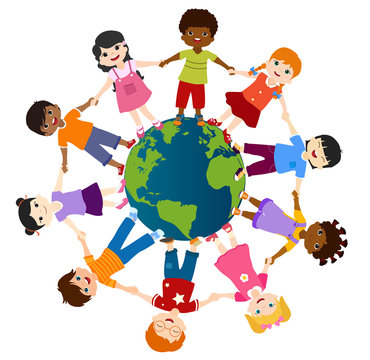 Earth globe with group of diverse multiethnic children in a circle smiling and holding hands. Diversity and culture. Unity and friendship. Community. Multicultural Kindergarten. Childhood