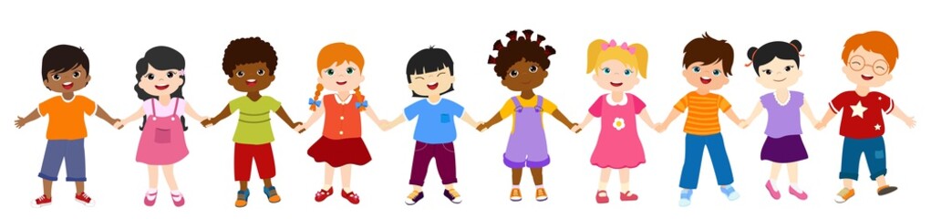 Obraz na płótnie Canvas Isolated group of multiethnic diverse children holding hands. Diversity and culture. Unity and friendship. Community of children with different nationalities. Multicultural kindergarten. Childhood