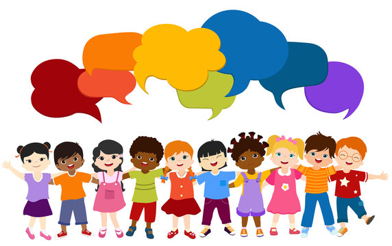 Isolated group of multiethnic diverse children embracing each other. Communication and connection of children of different nationalities - culture and ethnicity. Childhood. Colorful speech bubble