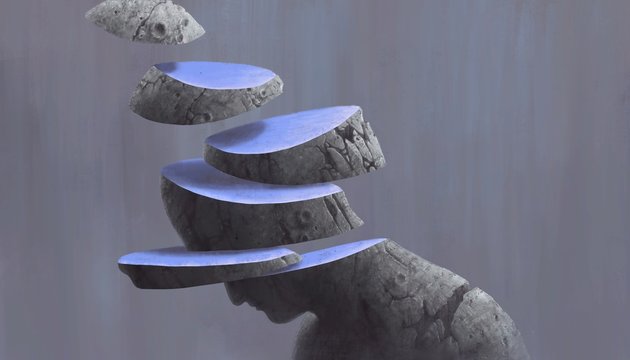 Surreal broken human head sculpture