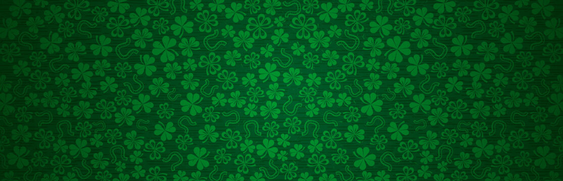 Green Patricks Day greeting banner with green clovers. Patrick's Day holiday design. Horizontal background, headers, posters, cards, website. Vector illustration © sunnyfrog