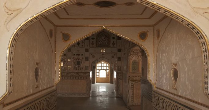 Interior of famous landmark Sheesh Mahal Mirror Palace. Inside Amer Fort, Amer, Rajasthan, India