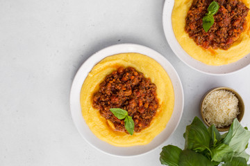 Polenta (boiled cornmeal) with meat-based sauce -  ragù alla bolognese.