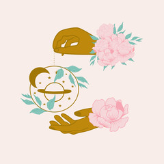 vector illustration with golden hands and pink flowers and celestials