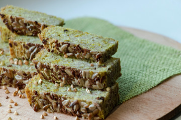 Gluten-free bread from green buckwheat. Flax-seed. Sunflower seeds.