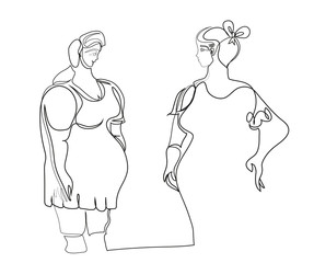 One continuous line drawing of pregnant women friends sitting talking. Simple line art drawing of pregnant women friends sitting talking.