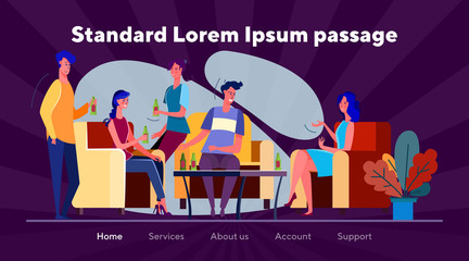 Group of friends having party at home. Young people drinking beer and chatting flat vector illustration. Partying, social activities concept for banner, website design or landing web page