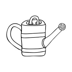 Watering can for watering flowers and plants. Black and white doodle style illustration. Spring and summer concept vector