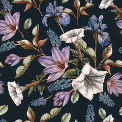 Floral seamless pattern with watercolor irises, datura flowers and muscari. Background with spring flowers - 315726930