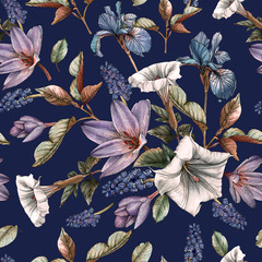 Floral seamless pattern with watercolor irises, datura flowers and muscari. Background with spring flowers