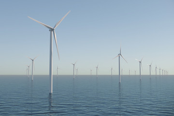 Wind turbines on the ocean. Offshore wind farm.