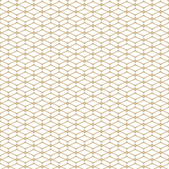 Golden mesh seamless pattern. Subtle abstract geometric ornament texture with thin curved lines, delicate mesh, net, grid, lattice, lace. Vector gold and white luxury background. Repeat design element