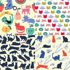 set of seamless patterns with funny cartoon cats in vector.