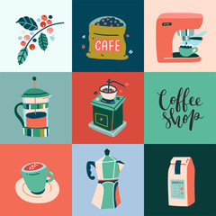 Poster for coffee shop or cafe, square block composition, modern hand drawn illustrations, vector banner with coffee maker, tools and utensils.