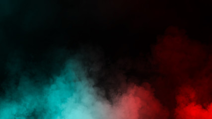 Explosion blue and red fog on isolated black background. Experiment chemistry smoke. The concept of aromatherapy. Stock illustration.