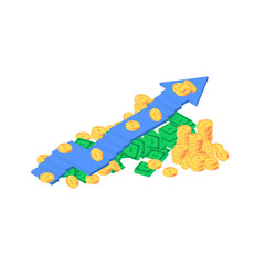 Isometric rise money heap. Vector illustration of set of stack of green banknotes, golden coins with arrow