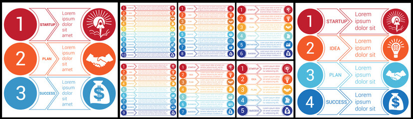 Infographic templates. Startup bussines minimal infographic templates from circles and horizontal colorful arrows 3 4 5  6 7 8 9 10 positions
