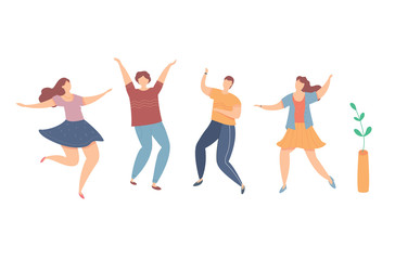 Naklejka na ściany i meble Modern vector illustration of young happy dancing people. Set of characters having fun at party. Male and female in trendy clothes. Men and women enjoying events