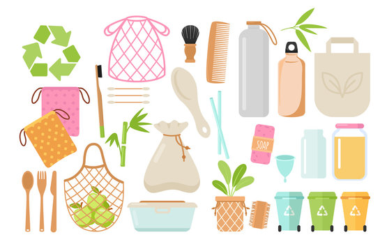 Zero waste and eco friendly items flat vector illustrations set