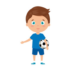 cute boy playing with soccer ball on white background