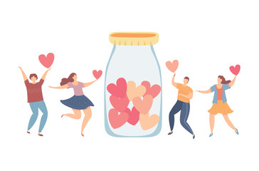 Modern vector illustration of Concept of charity and donation. Volunteers throw hearts symbol into a box for donations. Social care and help concept. Tiny people sharing kindness and caring