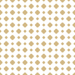 Vector white and gold ornamental seamless pattern with simple geometric figures, circles, crosses, floral shapes. Abstract golden texture. Subtle repeat background. Luxury design for decor, prints