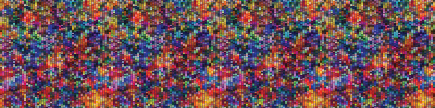 Spliced Vector Broken Rainbow Pixel Texture Border Background. Variegated Mottled Dotted Line Seamless Pattern. Distorted Graphical Geometric Ribbon Trim. Modern Digital Dot Disrupted Glitch Edge.