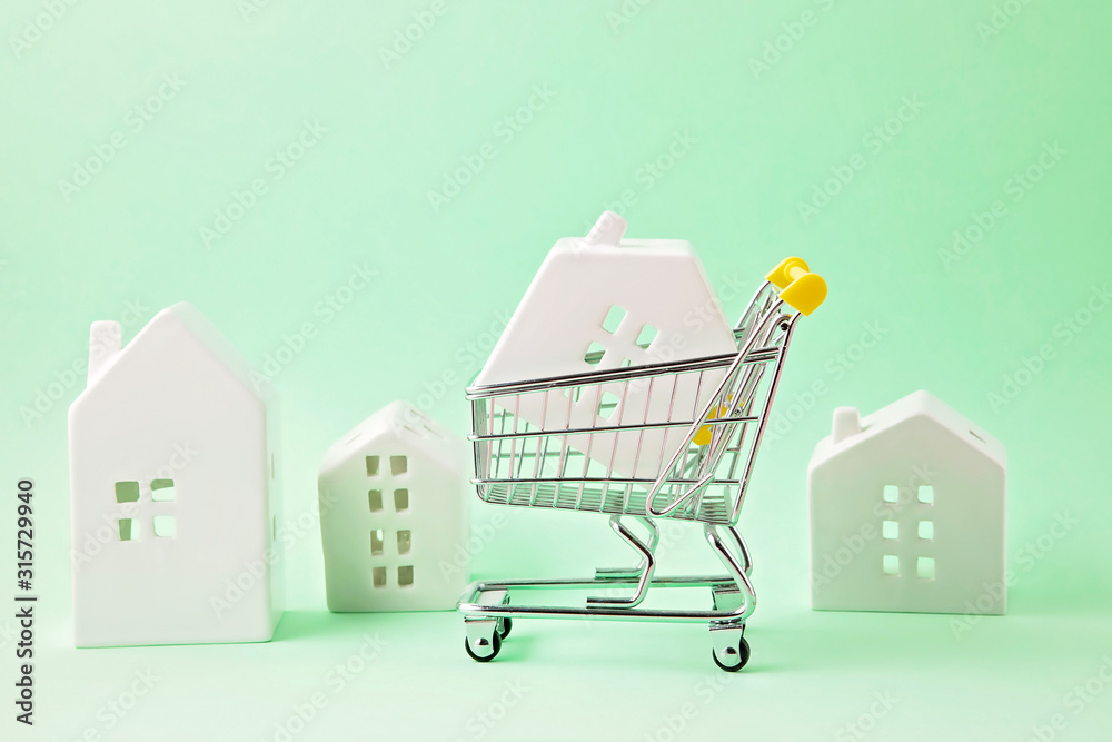 Wall mural Shopping trolley with miniature hose inside. House buying, bank loan, real estate agency idea