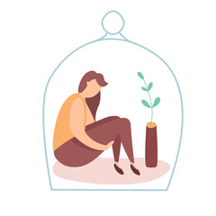 Fototapeta na wymiar Modern vector illustration of miserable, sad, unhappy woman sitting under the glass dome. Concept of depression, trouble and psychological problems. Introversion.