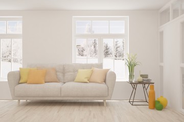 Stylish room in white color with sofa and winter landscape in window. Scandinavian interior design. 3D illustration