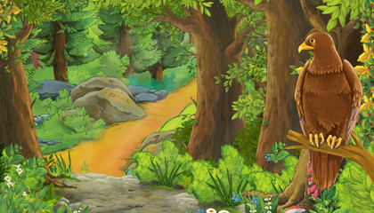 cartoon summer scene with bird eagle with meadow in the forest illustration for children
