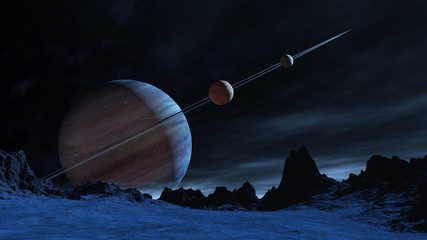 8K Ultra HD 3D Illustration of Big Blue planet with ring and moons