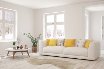 Stylish room in white color with sofa and winter landscape in window. Scandinavian interior design. 3D illustration