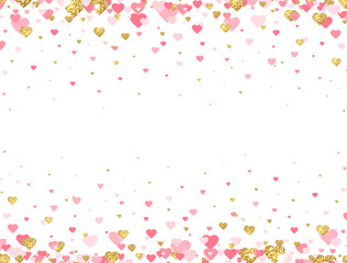 Gold glitter and pink hearts frame. Bright hearts confetti falling on white background. Valentines Day banner for greeting cards, wedding invitation, gift packages. Vector illustration