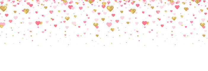 Gold glitter and pink hearts confetti border. Bright hearts confetti falling on white background. Valentines Day banner for greeting cards, wedding invitation, gift packages. Vector illustration