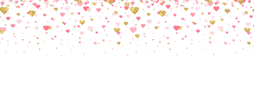 Gold glitter and pink hearts confetti border. Bright hearts confetti falling on white background. Valentines Day banner for greeting cards, wedding invitation, gift packages. Vector illustration