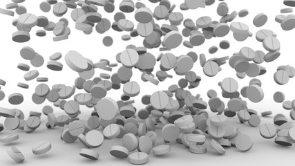 Falling pills, tablets. Medical concept. 3d rendering. Falling medical pills on white background