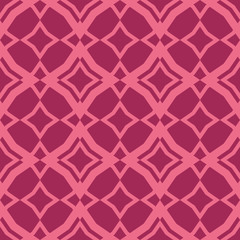 Diamond grid pattern. Vector abstract seamless texture in pink and burgundy color. Elegant geometric ornament with rhombuses, mesh, net, lattice, fence. Simple background. Repeat ornamental design 