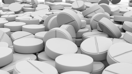 Pills, tablets. Medical concept. 3d rendering. Medical pills on white background