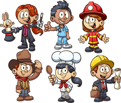 Kids using costumes from different occupations. Vector cartoon clip art illustration with simple gradients. Each on a separate layer.