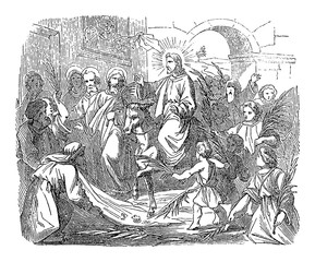 Vintage drawing or engraving of biblical story of Jesus comes to Jerusalem triumphal as king welcomed by crowds.Bible, New Testament,John 12, Matthew 21,Mark 11,Luke 19. Biblische Geschichte , Germany