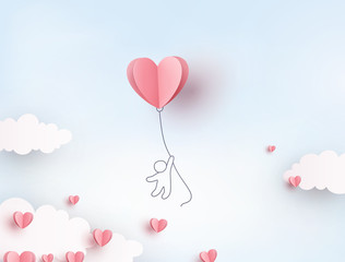 Pink heart flying balloon with man on blue sky background. Vector love postcard for Happy Mother's, Valentine's Day or birthday greeting card design..
