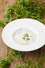 fresh chervil soup in a bowl on wood