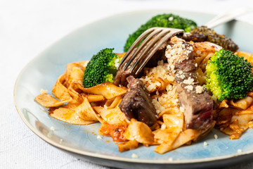 tagliatelli with steak slices on a plate