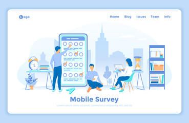 Online mobile survey testing questionnaire. Phone screen with online filling forms and check marks. A group of people making online testing, examination. landing web page decorated with people