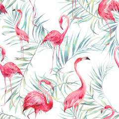 Watercolor flamingo and palm leaves texture. Hand drawn seamless pattern with exotic green branches on white background. Beach wallpaper design © ldinka