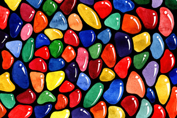multicolored shapes painted in watercolor on a black background